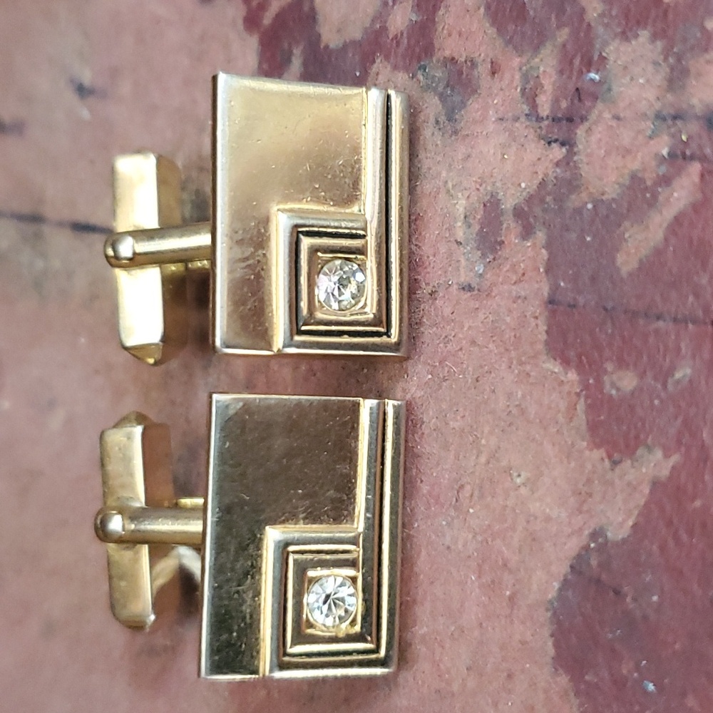 Swank Vintage Cufflinks gold Tone Rectangle w/ clear stone